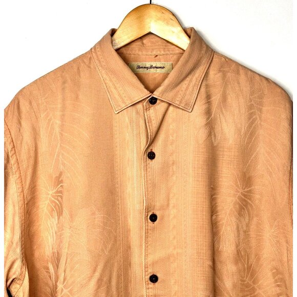 Tommy Bahama Mens Shirt Silk Hawaiian Textured Floral Camp Pink Salmon XL - Picture 3 of 14